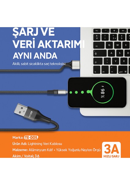 Lightning Hızlı Şarj ve Veri Aktarım Kablosu 3A Güçlü Akım Naylon Örgü Dayanıklı Tasarım iPhone Uyumlu 1 Metre fırsatları