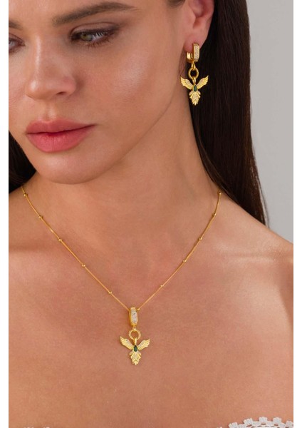 Zümrüt Taşlı Altın Kaplama Anka Kuşu 925 Ayar Gümüş Set