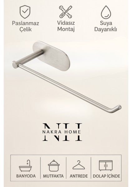 Paslanmaz Çelik Yapışkanlı Havlu Askılığı | Delmeden Montaj Neme Dayanıklı Havlu Peçete Askılığı