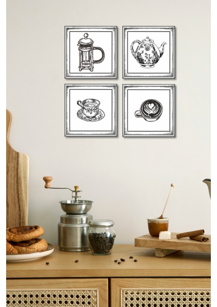 El Yapımı 4’lü Gravür Sanatı Duvar Seti – Kahve & Çay Koleksiyonu | Kişiye Özel Mesaj Alanı