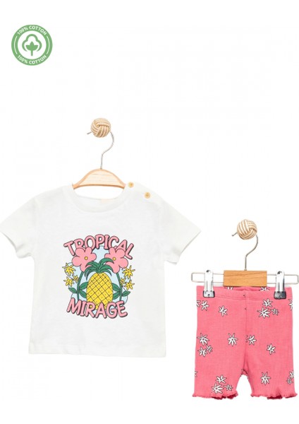 Kız Bebek Takım %100 Pamuk Beyaz Baskılı Tişört Pembe Şortlu Tropikal Desenli Alt Üst Takım