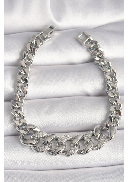 Pirinç Gümüş Renk Zirkon Taşlı Kalın Halka Model Kadın Bileklik