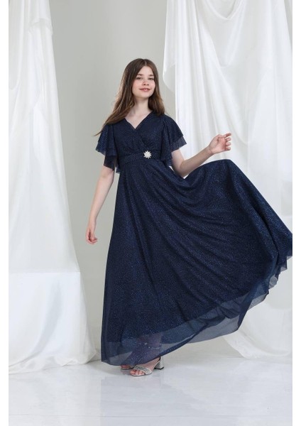 Kristal Kumaş Abiye Elbise Lacivert