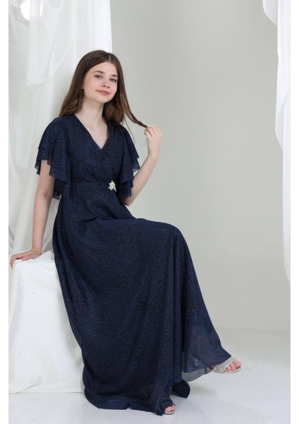 Kristal Kumaş Abiye Elbise Lacivert fiyatları