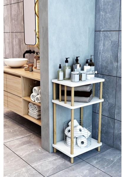 Banyo Köşe Rafı 3 Katlı Çok Amaçlı Raf Ahşap Ayaklı Dekoratif Dresuar