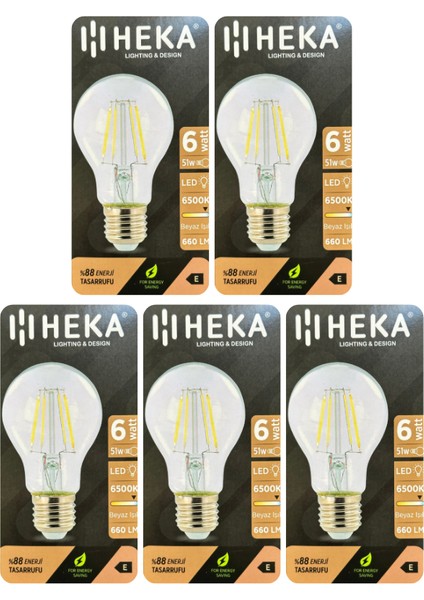 (5 Adet) Heka 6W (51W) 6500K (Beyaz Işık) E27 Duylu (Kalın Duy) LED Şeffaf Ampul