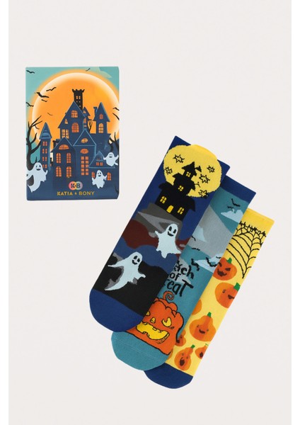 Unisex Halloween Desenli 3'lü Kutulu Soket Çorap