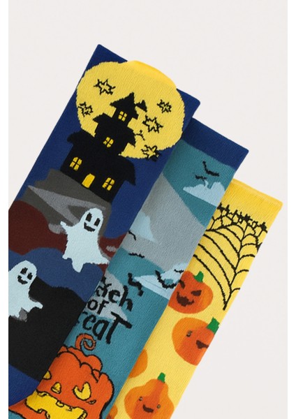 Unisex Halloween Desenli 3'lü Kutulu Soket Çorap