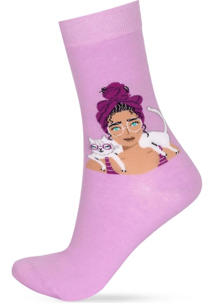 Kadın Figürlü Kedi Desenli Soket Çorap Lila modelleri