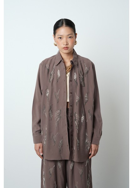 Kadın Önü Taş Işlemeli Düz Renk Oversize Gömlek