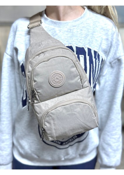 Su Geçirmez Kumaş Bej Unisex Body Bag Çapraz Omuz Çantası
