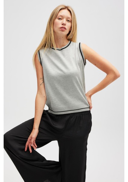 Rina Düz Örgü Kadın Triko Kolsuz Bluz - Gri Melanj fiyatları