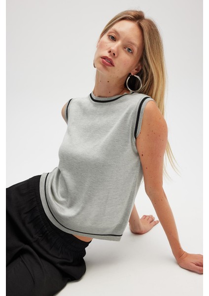 Rina Düz Örgü Kadın Triko Kolsuz Bluz - Gri Melanj modelleri