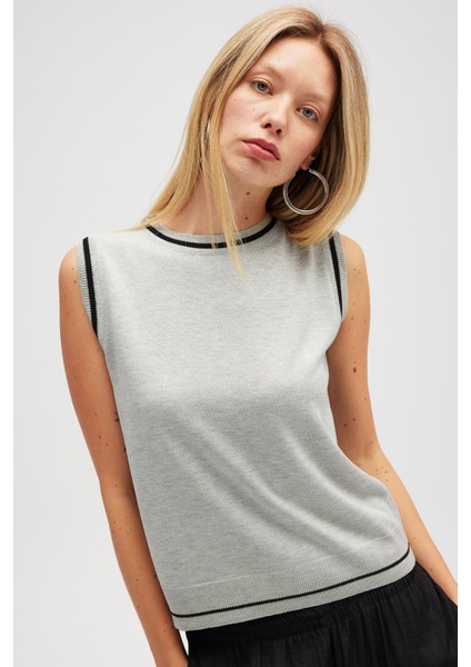 Rina Düz Örgü Kadın Triko Kolsuz Bluz - Gri Melanj indirimleri