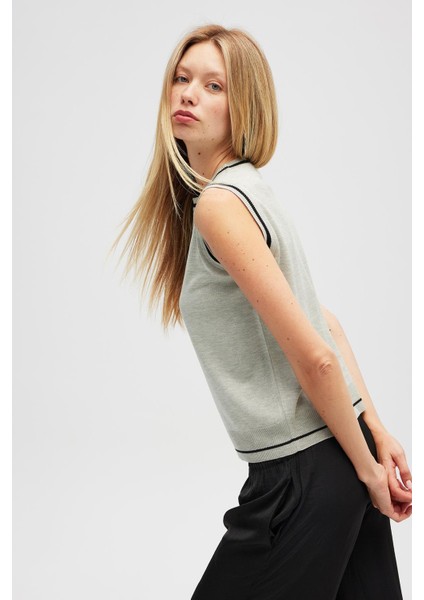 Rina Düz Örgü Kadın Triko Kolsuz Bluz - Gri Melanj