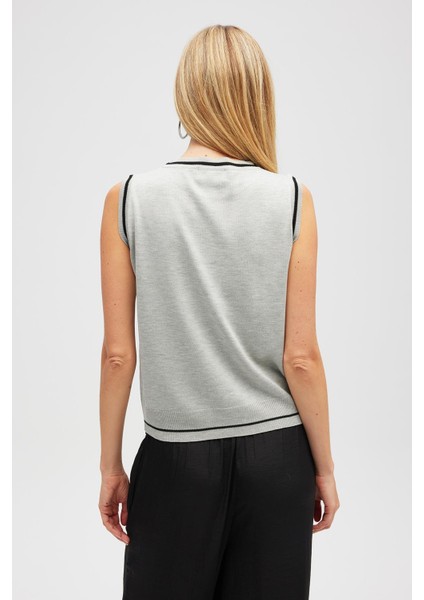 Rina Düz Örgü Kadın Triko Kolsuz Bluz - Gri Melanj