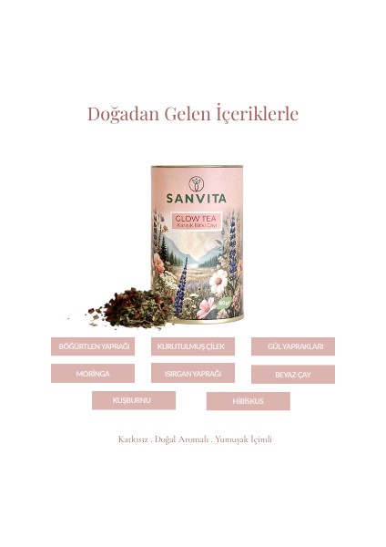 Sanvıta Glow – Moringa, Hibiskus, Kuşburnu ve Çilek Karışımı | Güzellik ve Işıltı Çayı 50 gr modelleri