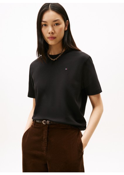 Yuvarlak Yaka Düz Siyah Kadın T-Shirt WW0WW47458BDS fiyatları