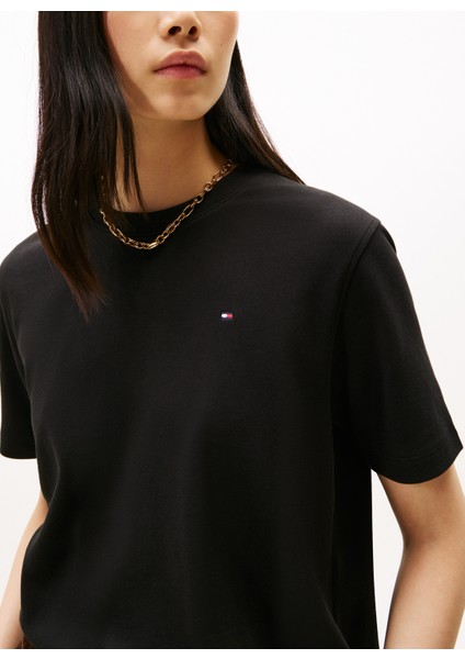 Yuvarlak Yaka Düz Siyah Kadın T-Shirt WW0WW47458BDS modelleri