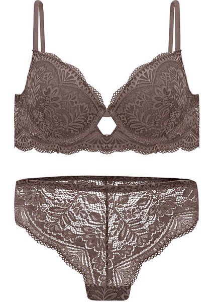 Dantelli Dekolte Sütyen Külot Takım Push Up, 2451 Acı Kahve