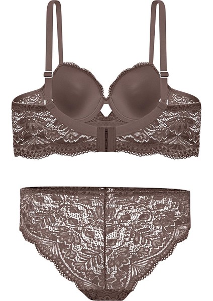 Dantelli Dekolte Sütyen Külot Takım Push Up, 2451 Acı Kahve fiyatları