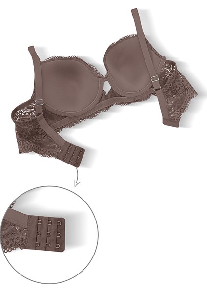 Dantelli Dekolte Sütyen Külot Takım Push Up, 2451 Acı Kahve