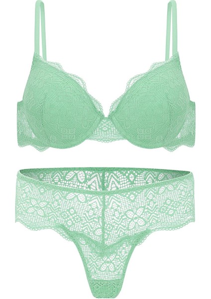 Anna 2735 Dantelli Dekolte Dolgulu Push-Up Sütyen ve Külot Takımı- Yeşil