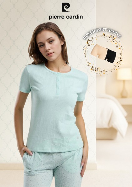 Kadın Giyim Kısa Kol Düğme Detaylı Pijama Takımı (Modal Şort Hediye)