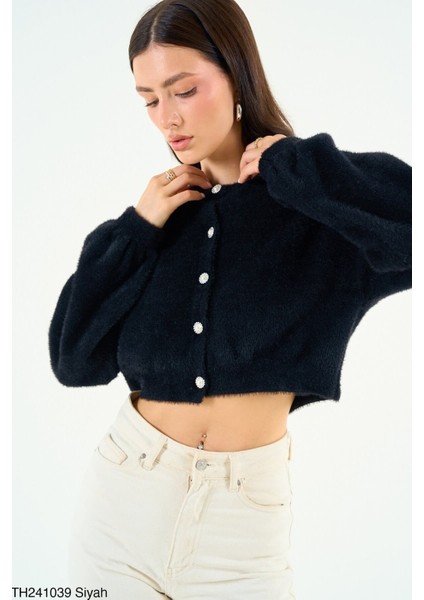 Kadın İnci Taşlı Düğmeli Yumoş Hırka