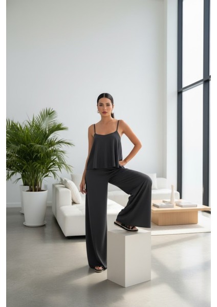 Kadın Ip Askılı Ip Askılı Bluz Pantolon Füme Takım indirimleri