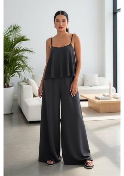 Kadın Ip Askılı Ip Askılı Bluz Pantolon Füme Takım