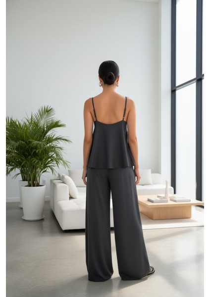 Kadın Ip Askılı Ip Askılı Bluz Pantolon Füme Takım