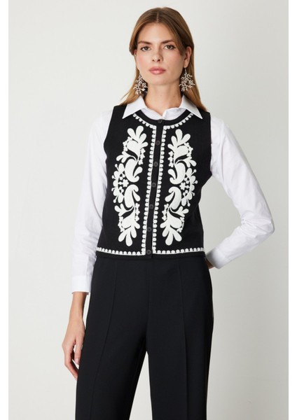 Kadın Işlemeli Triko Yelek 60919 Siyah