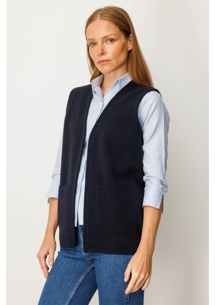 Kadın V Yaka Çelik Örgü Yün Anne Yelek 25044 Koyu Lacivert