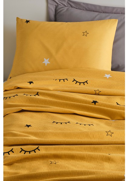 Tek Kişilik Pike Seti Baskılı Sarı %100 Pamuk