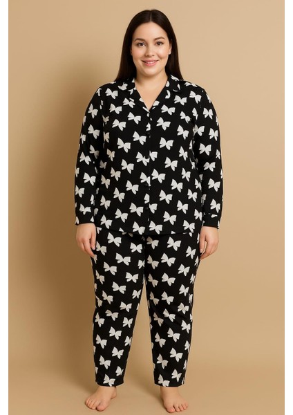 Kadın 20703 Büyük Beden Düğmeli Pijama Takımı Siyah