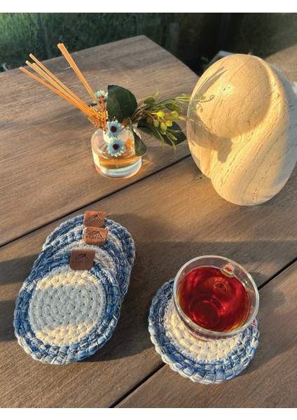 Tekstil 4 Adet Yuvarlak Dekoratif Bardak Altlığı Seti - Yuvarlak , Leke Tutmaz- Mavi-Beyaz 13X13 cm