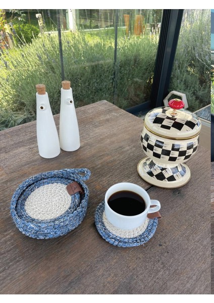 Tekstil 4 Adet Yuvarlak Dekoratif Bardak Altlığı Seti - Yuvarlak , Leke Tutmaz- Mavi-Beyaz 13X13 cm fiyatları