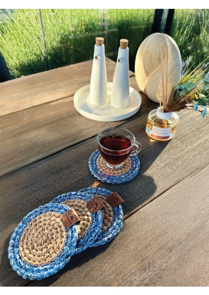 Tekstil 4 Adet Yuvarlak Bardak Altlığı- Leke Tutmaz- NATUREL-MAVI13X13 cm