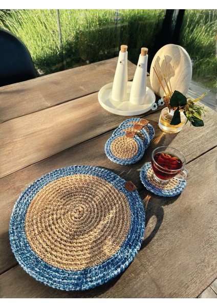 Tekstil 4 Adet Yuvarlak Bardak Altlığı- Leke Tutmaz- NATUREL-MAVI13X13 cm modelleri