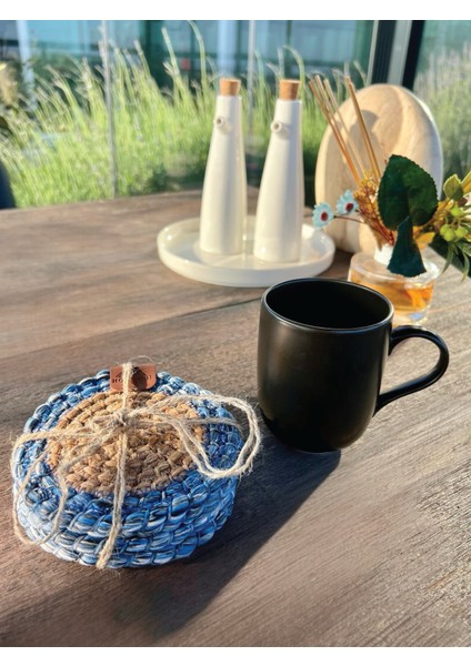 Tekstil 4 Adet Yuvarlak Bardak Altlığı- Leke Tutmaz- NATUREL-MAVI13X13 cm fırsatları