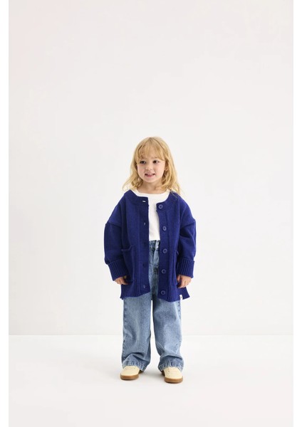 Yünlü Oversize Triko Hırka Mavi