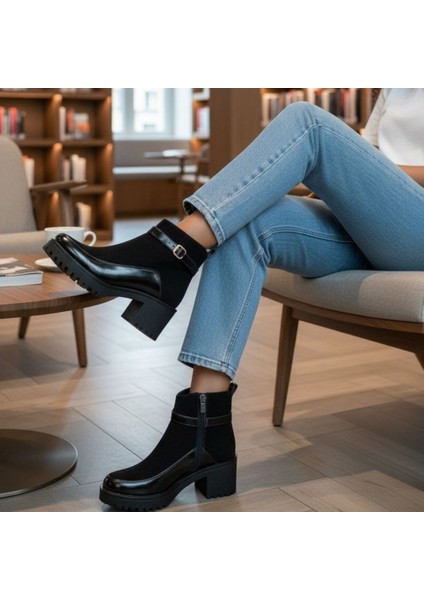 Siyah Süet Hakiki Deri Rugan Garnili Bilekten Atkılı Kadın Kalın Topuklu Bot modelleri