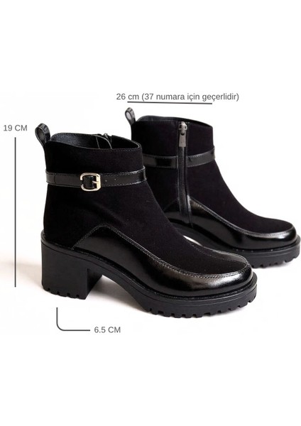Siyah Süet Hakiki Deri Rugan Garnili Bilekten Atkılı Kadın Kalın Topuklu Bot indirimleri