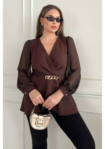 Zincir Tokalı Kruvaze Yaka Şifon Kollu Siyah ve Kahverengi Ceket Bluz 1386