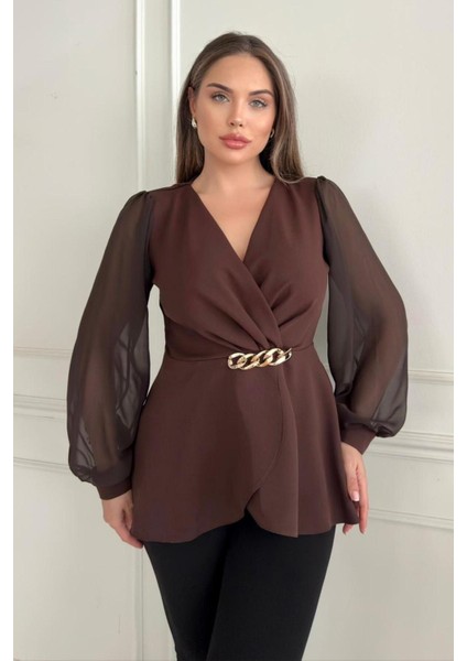 Zincir Tokalı Kruvaze Yaka Şifon Kollu Siyah ve Kahverengi Ceket Bluz 1386 fiyatları