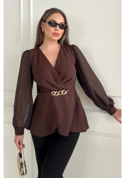 Zincir Tokalı Kruvaze Yaka Şifon Kollu Siyah ve Kahverengi Ceket Bluz 1386 modelleri