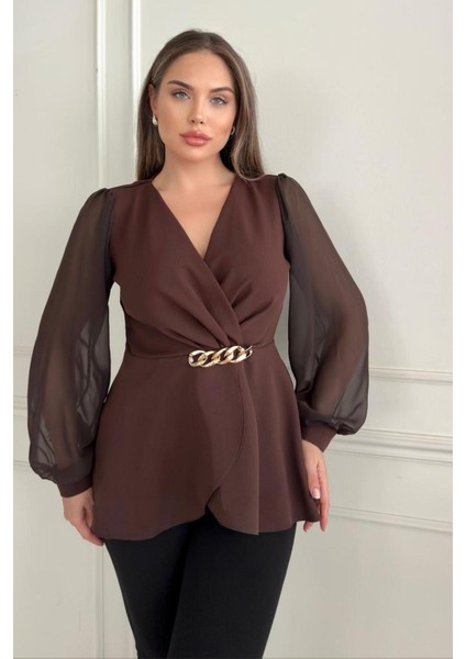 Zincir Tokalı Kruvaze Yaka Şifon Kollu Siyah ve Kahverengi Ceket Bluz 1386 fırsatları