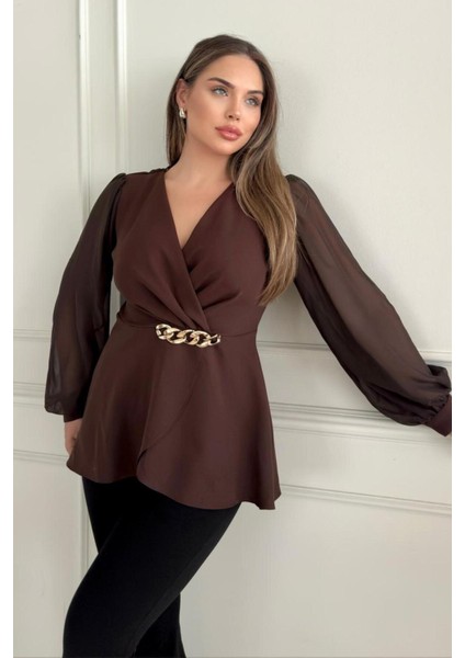 Zincir Tokalı Kruvaze Yaka Şifon Kollu Siyah ve Kahverengi Ceket Bluz 1386 indirimleri