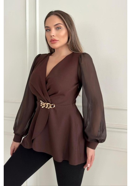 Zincir Tokalı Kruvaze Yaka Şifon Kollu Siyah ve Kahverengi Ceket Bluz 1386